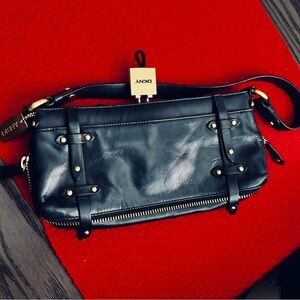 Vintage DKNY Donna Karan Small Black Leather Clutch Bag with Gold Detailing